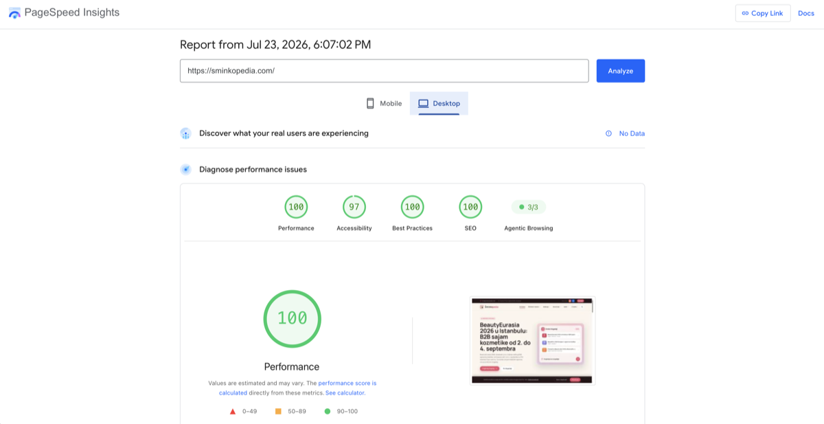 PageSpeed Insights rezultat za Šminkopedia na računaru: 100 poena za performanse