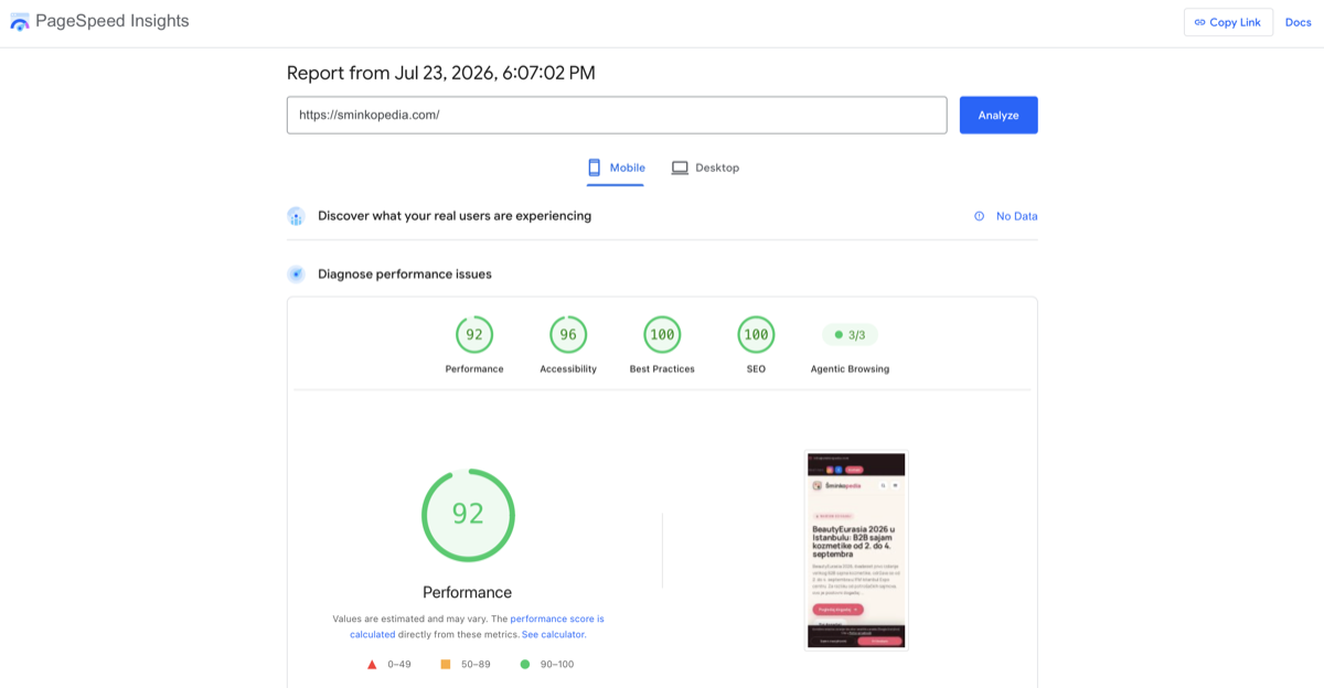 PageSpeed Insights rezultat za Šminkopedia na mobilnom: 92 poena za performanse